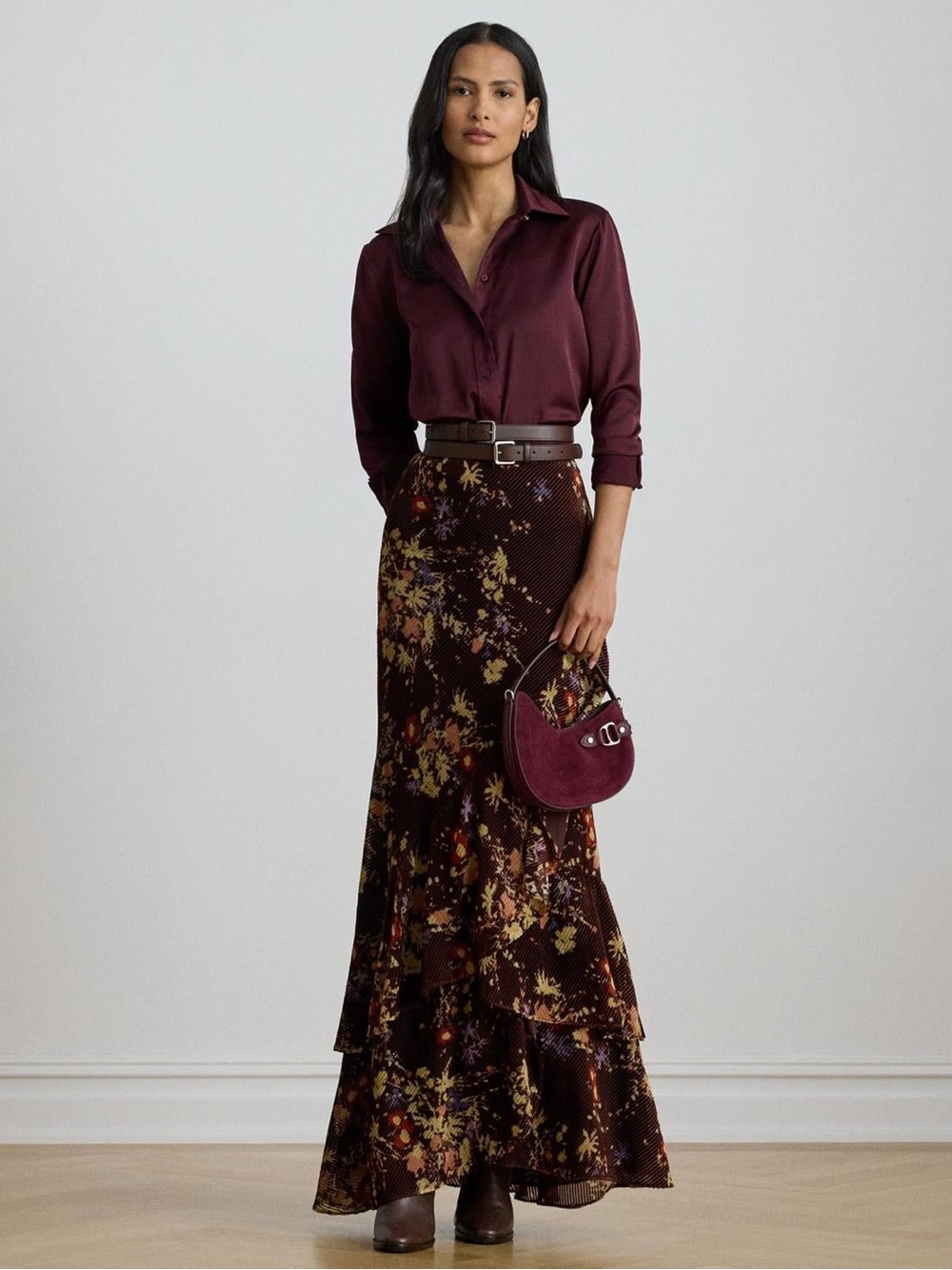 Floral Burnout Velvet Tiered Maxi Skirt